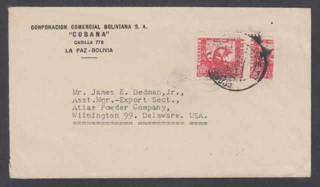 Bolivia Sc 261 + Bisect on 1939 Cover to Atlas Powder Co, Wilmington, Delaware