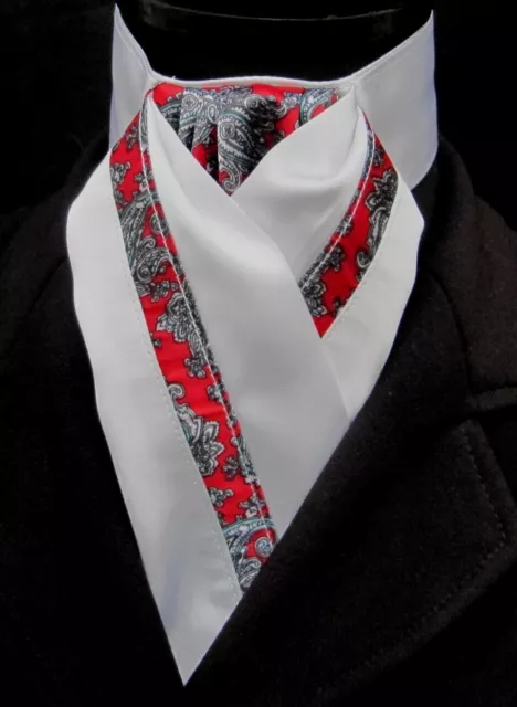 Fertig gebunden weiß rot, silber Paisley Kunstseide Reiten Stockkrawatte - Dressur