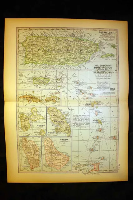 Porto Rico Puerto & The Lesser Antilles Antique Color Map 1898 12¾" x 17"