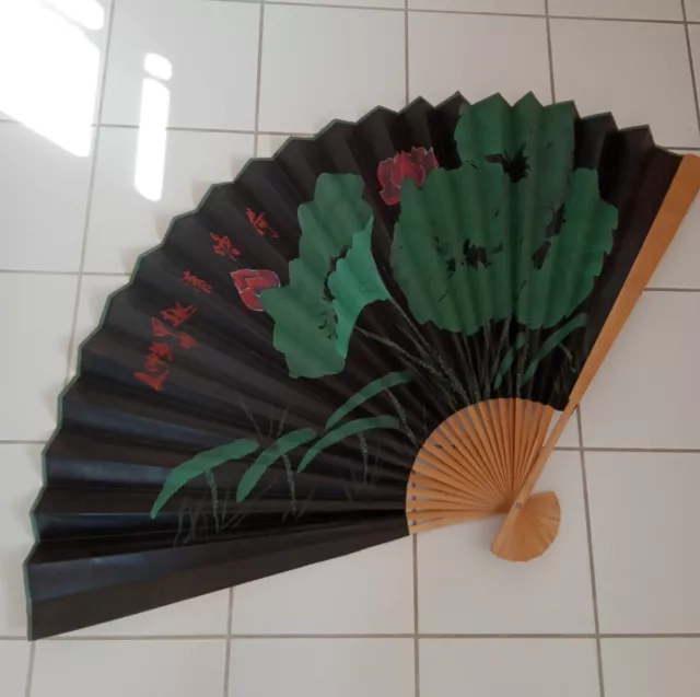 Large 62" Vintage Paper Fan Wall Hanging Green Black Chinese Asian