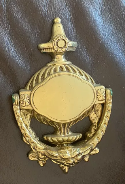 VTG 7” Solid Polished Brass Ornate Heavy Door Knocker Yellow Gold Gargoyle Face