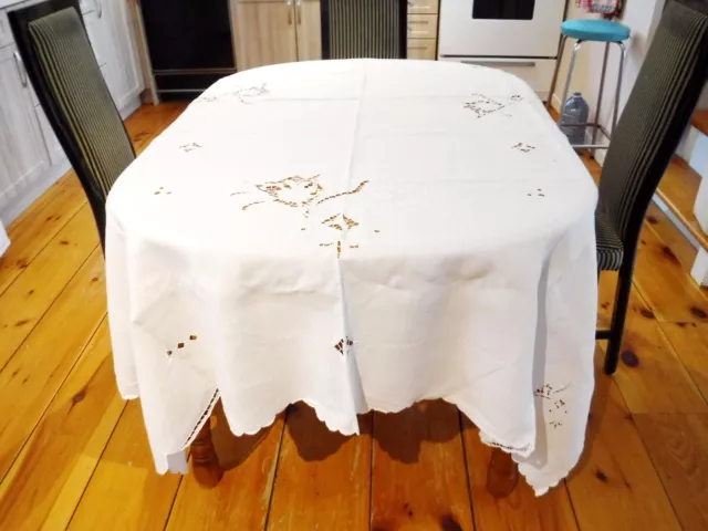 White Tablecloth White Embroidered Cut Work Linen 82x 66"