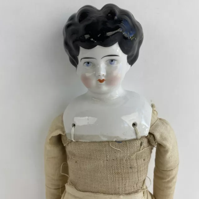 Antique German Low Brow China Head Girl Doll Cloth Body 14” Vtg Leather Hands