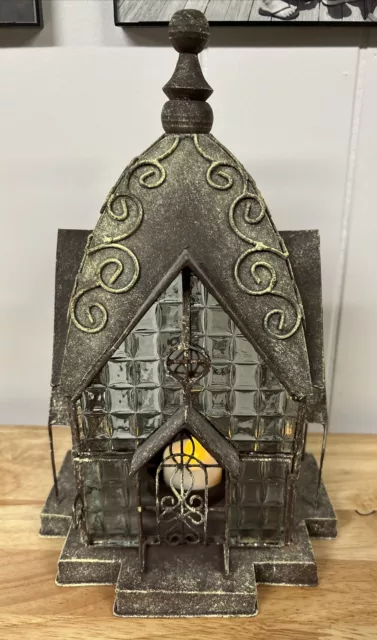 Glass and Metal Architectural Tea Light Candle Lantern Windale House Fairy House