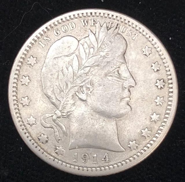 1914 US Barber Quarter United States 25C Coin 90% Silver Looks F ~NICE!