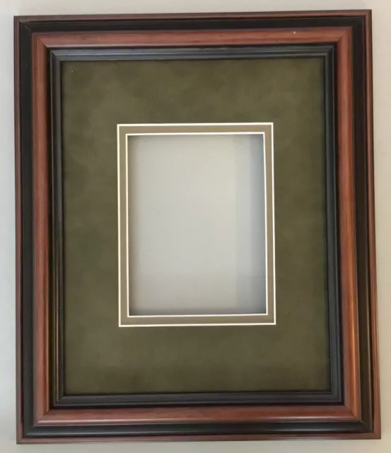 Beautiful Vintage Wood Picture Frame~Green Velvet Like Matted~Black~Cherry Stain