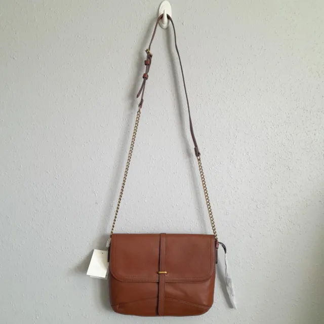 Fossil Edelyn Cow Hide Leather Convertible Crossbody Bag Chain Strap Brown