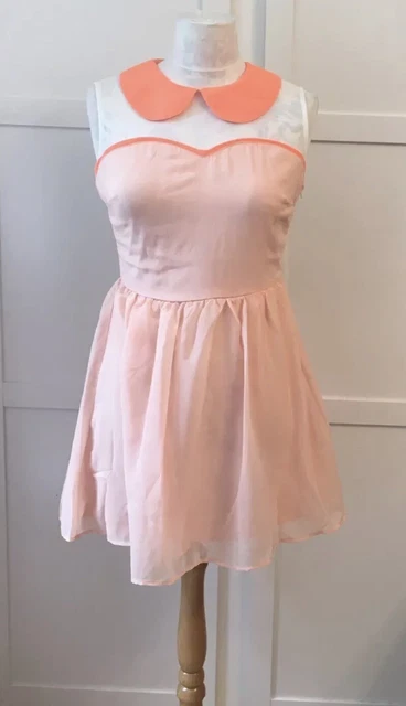 Naanaa Peach Fit & Flare Dress With Chiffon Overlay And Orange Collar, Size 8-10