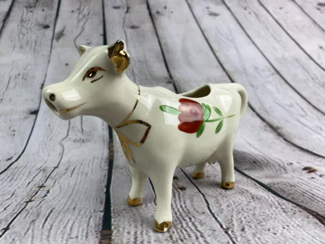 Vintage Porcelain Painted Flowers GOld Trim Retro Cow Creamer Pitcher 7" In