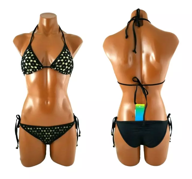 Luxe by Lisa Vogel Embellished Triangle top & Tie side bottom bikini sz 4 black