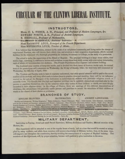 1846 Clinton, NY stampless LIBERAL INSTITUTE PROFESSOR, Abolition Slavery Letter