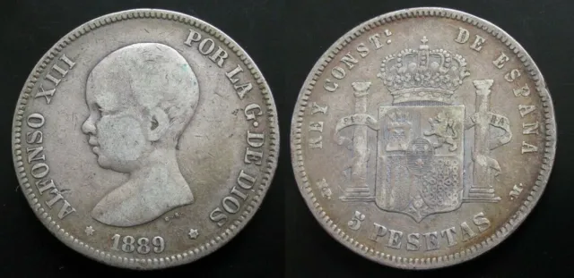 Alfonso XIII, 5 Pesetas Of 1889 Star 89, Silver