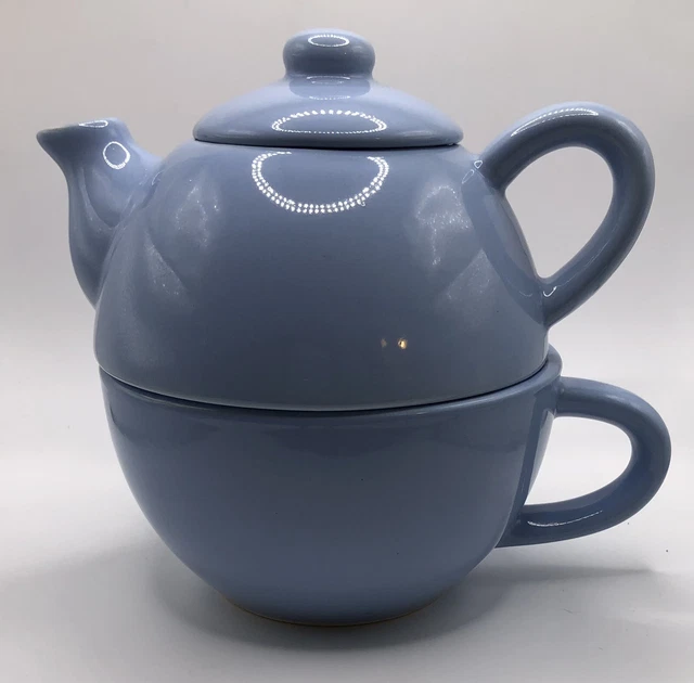 Light Baby Blue Pier 1 Imports Tea For One 3-piece Stackable Teapot Lid Cup Set