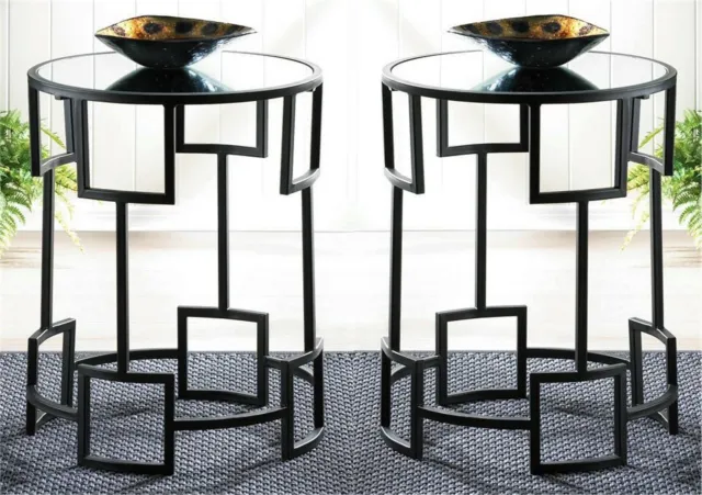Set of Two (2) ** MODERN BLACK IRON-MIRROR ROUND SIDE-END-ACCENT TABLES ** NIB