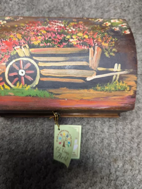 El Viejo Arte Mexico Wood box flower wagon hand painted Trinket Box New