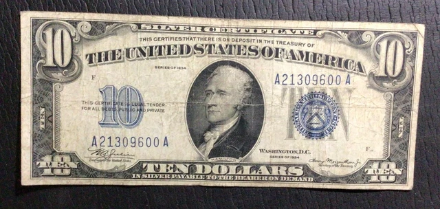 1934 $10 "Blue TEN" SILVER Certificate X9600! FINE! Old US Paper Money Currency!