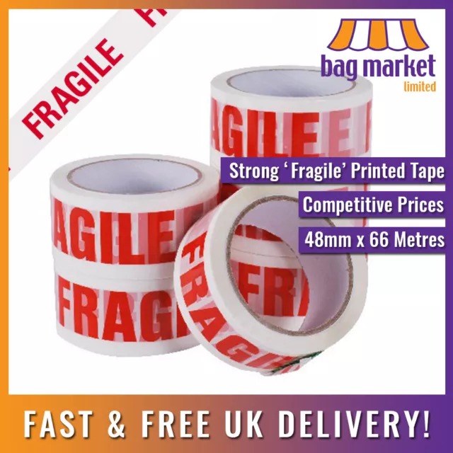 12 Rolls - 48mm x 66m Fragile Parcel/Packing Tape | White/Red/Carton/Handle/Care
