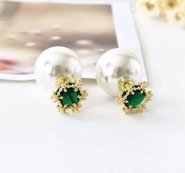 NEW 925 Sterling Silver Simulated Emerald 16mm White Pearl Ball Stud Earrings