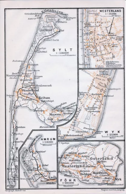 Sylt Amrum Föhr Westerland Wyk 1914 orig. Stadtpläne, Karten + Reisef. (5 S.)