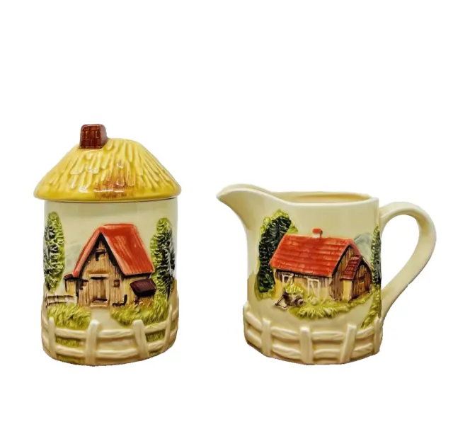 Marks Rosenfeld Creamer & Sugar Bowl/Lid Set Ceramic Hut Barn Cottage Japan 4.5"