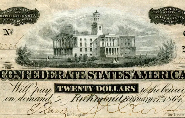 HGR SATURDAY 1864 $20 Confederate ((Civil War Issue)) HIGH GRADE