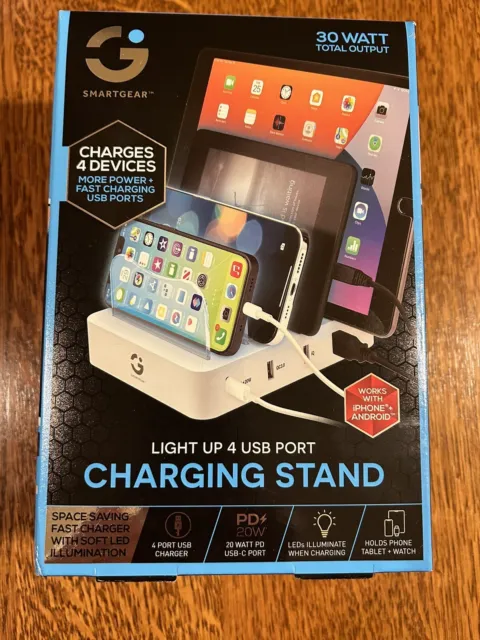 SMARTGEAR Light Up 4 Port USB Charging Stand  Output. Android, Apple-Brand New