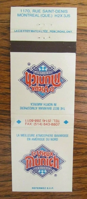 German Restaurant Matchbook Matchcover: Vieux Munich (Montreal, Quebec) -E8