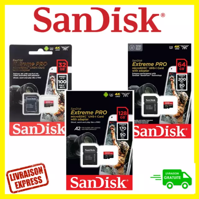 Carte mémoire SANDISK Micro SD 16 32GB SDHC 64 128GB 256GB SDXC avec Adaptateur