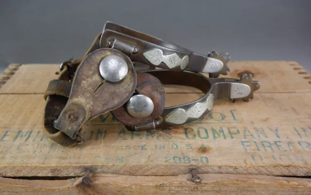 Vintage Silver Mounted Engraved Iron Spurs Attributed To Crockett See More