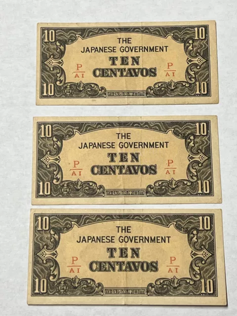 The Japanese Government Ten Centavos PW, WWII ERA, Lot of 3