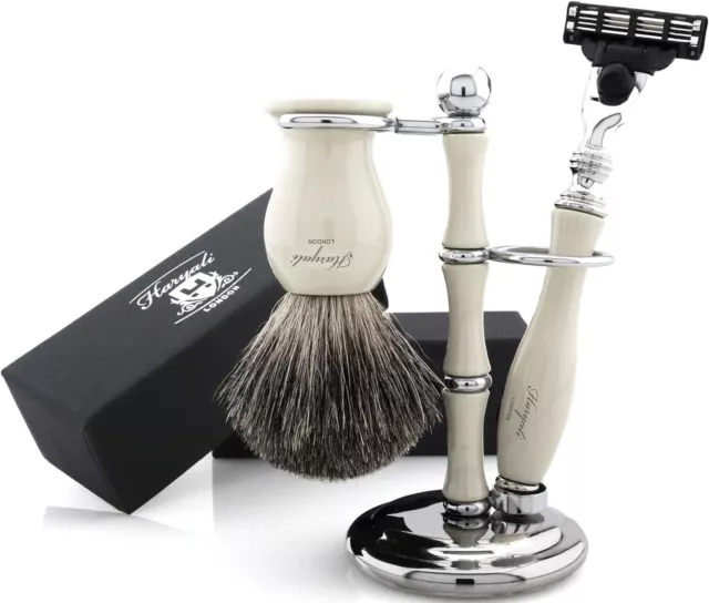 3Pc Premium Men Shaving Kit Badger Hair Shave Brush & 3 Edge Razor With Gift Box