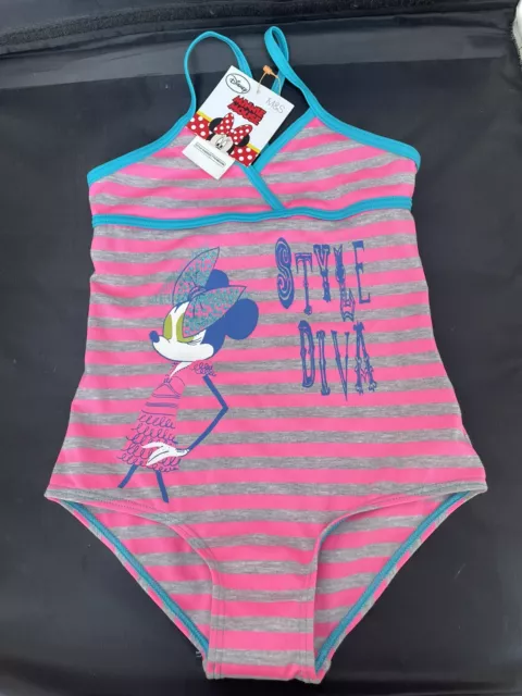 NEW M&S age 6-7 Girls Swimmimg Costume Swimsuit Minnie Mouse Pink Grey Stripe