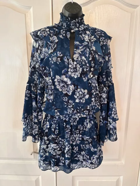 Parker size XS Elliana mini dress ruffled blue floral long sleeve smocked NWT