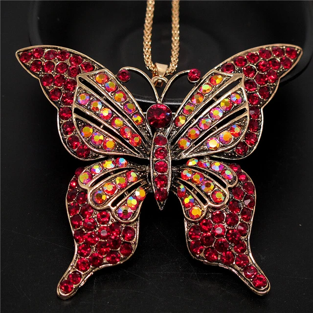 Betsey Johnson AB Red Bling Rhinestone Butterfly Crystal Pendant Chain Necklace