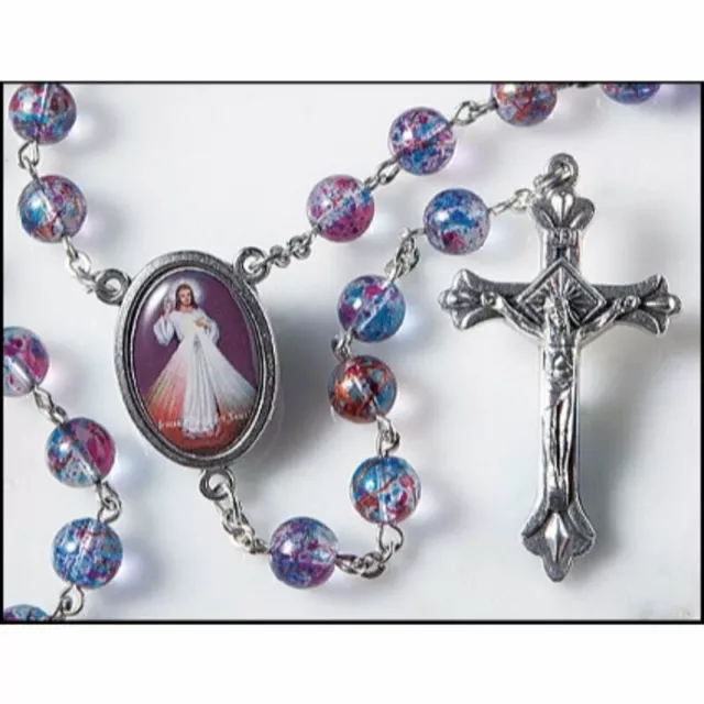 Divine Mercy Rosary DM & Sacred Heart Center Blue Red 7mm Glass Beads 18" Italy
