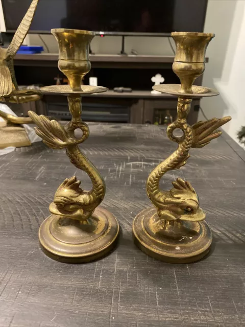 Vintage Brass Candlesticks Koi Fish Sea Serpent Dragon Dolphins Vintage Brass Candlesticks Koi Fish Sea Serpent Dragon Dolphins
