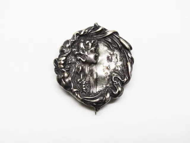 Unger Brothers Art Nouveau Sterling Silver Repousse Woman in Profile Brooch Fob