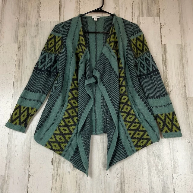 J Jill Sweater Womens Petite Small Blue Green Aztec Alpaca Wool Jacket Cardigan
