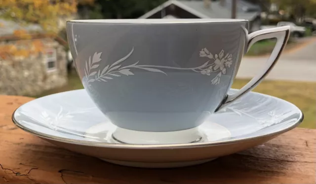 1950s Minton Bone China Grey Cameo Footed Cup & Saucer England White Flowers