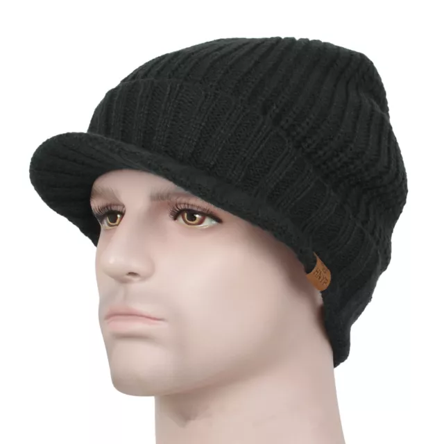 Men's Winter Wool Blend Visor Brim Beanie with Bill Knit Baseball Cap Skull Hat