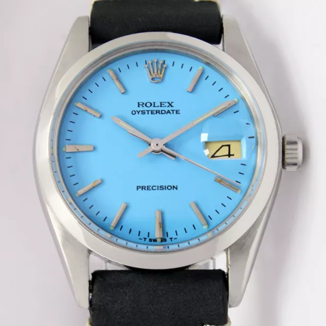 Rolex Oyster Date Precision Blue Dial Mens  Vintage Steel Watch Ref 6694