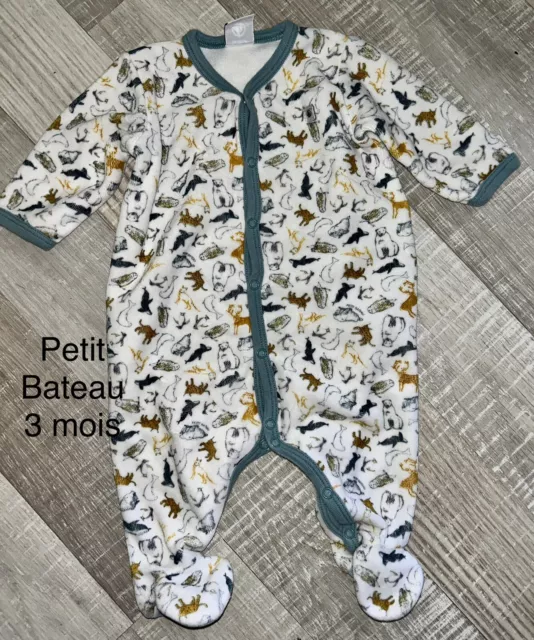 petit bateau 3 MOIS GARÇON : BABYGROS Pyjama Velours Gris Blanc TBE