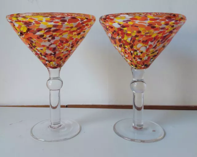 Pair Of Large Chunky Hand Made Confetti Art Glass Cocktail Martini Glasses VGC