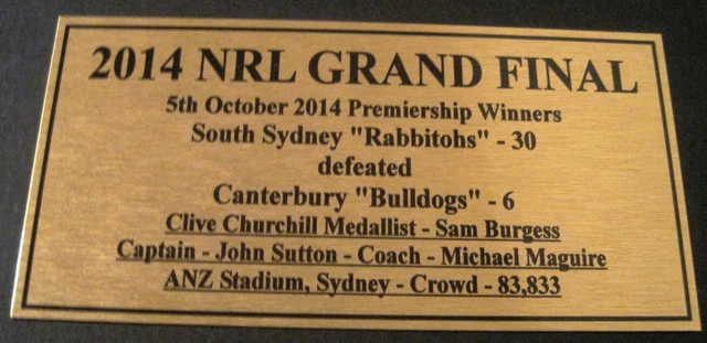 NRL SOUTH SYDNEY Rabbitohs Premiers 2014 Gold free post 120mmx60mm