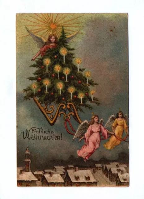 Ak Fröhliche Weihnachten Engel mit Weihnachtsbaum
