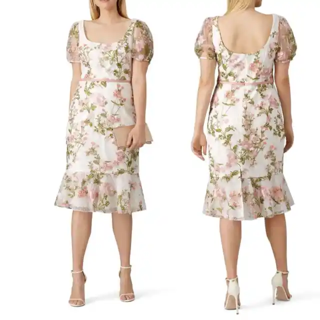 Marchesa Notte Floral Embroidered Puff Sleeve Dress sz 12