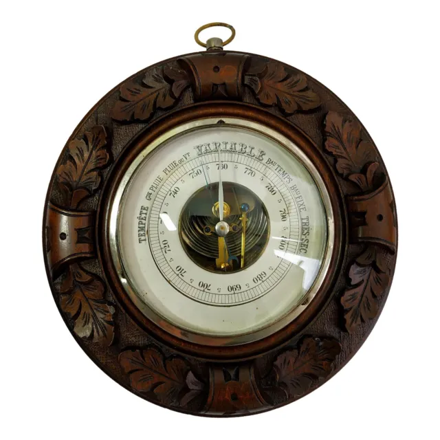 Large Antique French Barometer, Carved Wood Black Forest Style