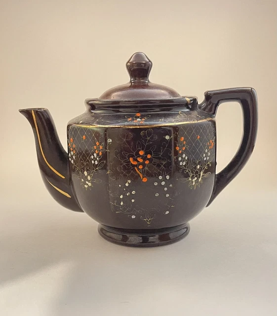 VTG Brown Ceramic Moriage Hand Painted Teapot Floral Gold Trim Made in Japan 6"