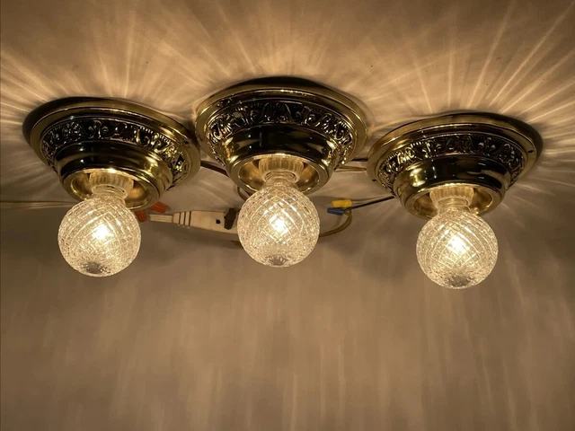 RESTORED Set 3 Antique Vtg Art Deco Victorian Flush Mount Brass Ceiling Fixture