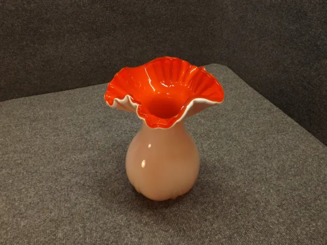 Hand Blown Milk Glass Vase Red Ruffled Crimped Top 10.5 Tall Cased Class Vintage